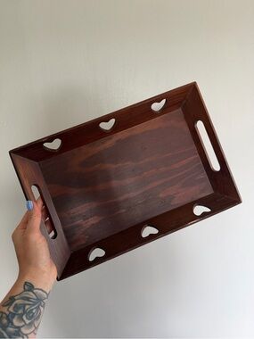 VTG Wooden Serving Tray with Heart Cutouts - Dark Brown 14x8